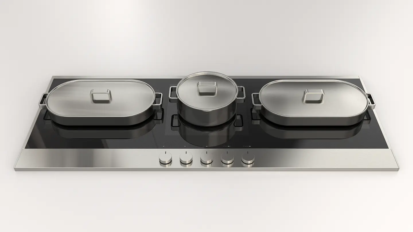 Enova 120 inox, bandeau intégré, vue de face avec trois cocottes