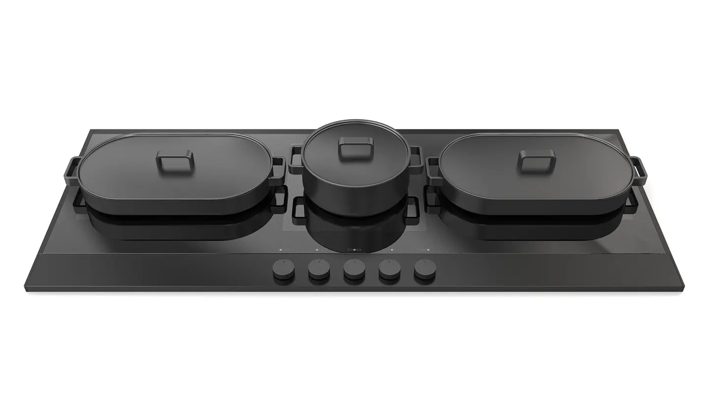 Enova 120 noir mat anodisé, bandeau intégré, vue de face avec trois cocottes