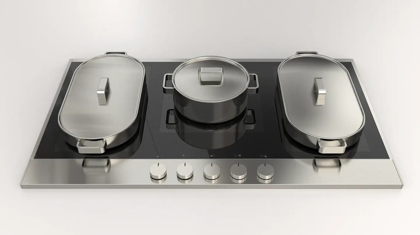 Enova 90 inox, bandeau intégré, vue de face avec trois cocottes